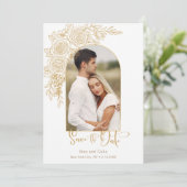 Elegantes Gold Hand Drawn Rose Foto Save the Date (Stehend Vorderseite)