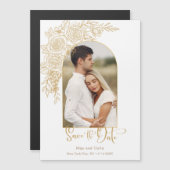 Elegantes Gold Hand Drawn Rose Foto Save the Date Magneteinladung (Vorne/Hinten)