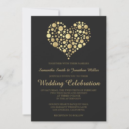 Elegantes Gold Heart Dusty Black Wedding Einladung (Vorderseite)
