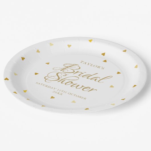Elegantes Gold Hearts Confetti Brautparty Pappteller (Schrägansicht)