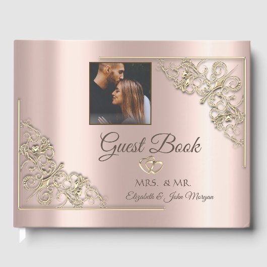 Elegantes Gold Hearts Rose Gold Foto Gästebuch (Vorderseite)