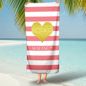 Elegantes Gold Herzname Rosa und weiße Streifen Strandtuch
