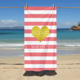 Elegantes Gold Herzname Rosa und weiße Streifen Strandtuch