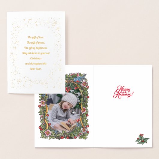 Elegantes Gold Holiday Bird Wreath Foto Weihnachte Folienkarte (Anzeige)