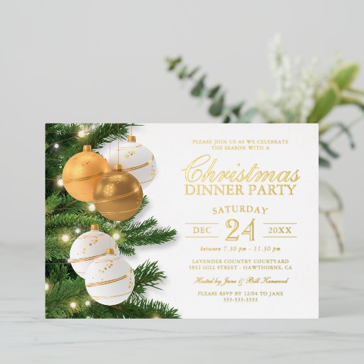 Elegantes Gold Holiday Weihnachten Party Folieneinladung (Stehend vorne)
