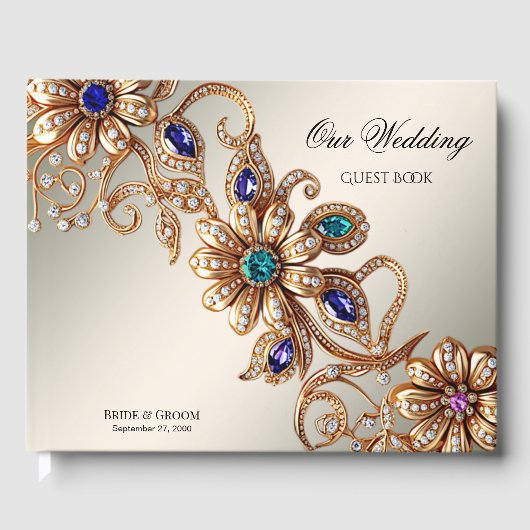Elegantes Gold Jewel Blume Gästebuch (Vorderseite)