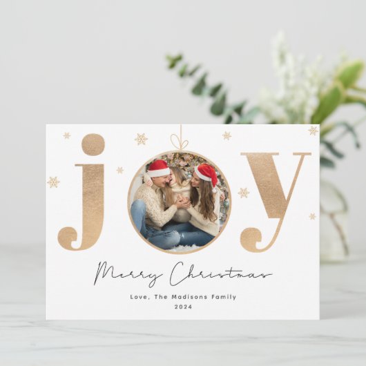 Elegantes Gold "Joy" Ornament Weihnachten Familie (Stehend Vorderseite)