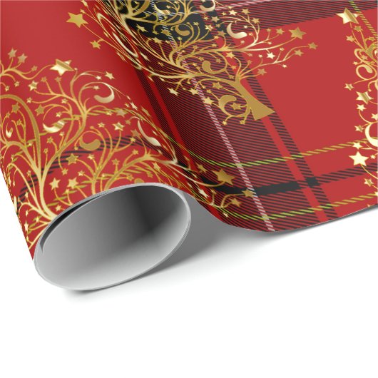 Elegantes Gold & Kariertes Weihnachtsbaummuster Geschenkpapier (Rolleneckpunkt)