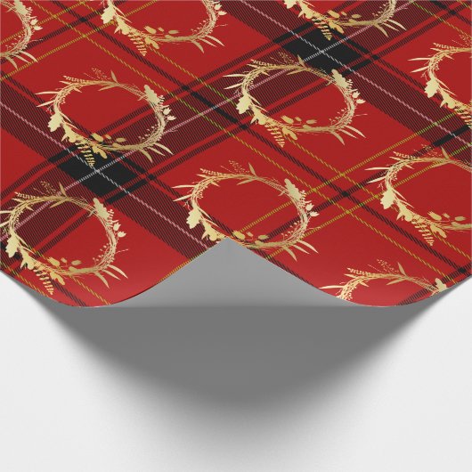 Elegantes Gold & Kariertes Weihnachtskrautmuster Geschenkpapier (Ecke)