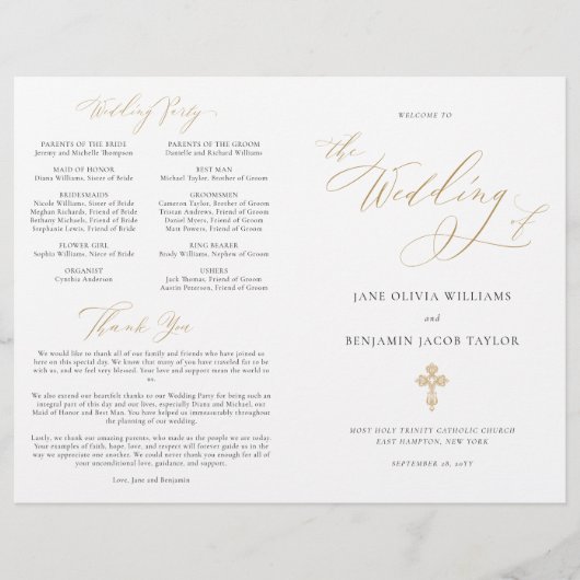 Elegantes Gold katholisches Hochzeitsprogramm Voll (Vorderseite)