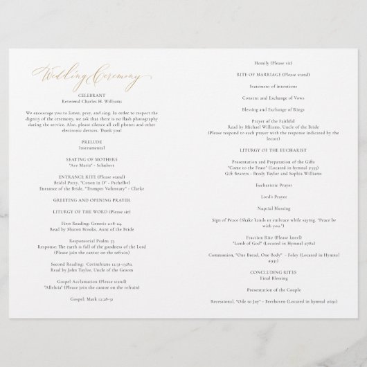 Elegantes Gold katholisches Hochzeitsprogramm Voll (Rückseite)