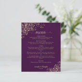 Elegantes Gold Lace auf Plum Budget Wedding Menu (Stehend Vorderseite)