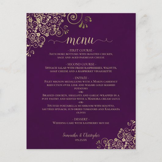 Elegantes Gold Lace auf Plum Budget Wedding Menu (Vorderseite)
