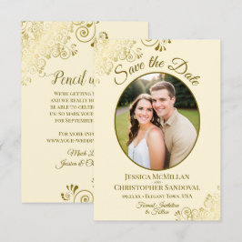 Elegantes Gold Lace Oval Foto Elfenbeincreme Hochz Save The Date