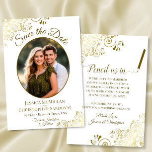 Elegantes Gold Lace Oval Foto Klassisches Weißes H Save The Date
