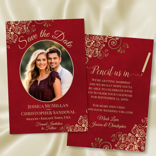 Elegantes Gold Lace & Oval Foto Marmorierte Rote H Save The Date