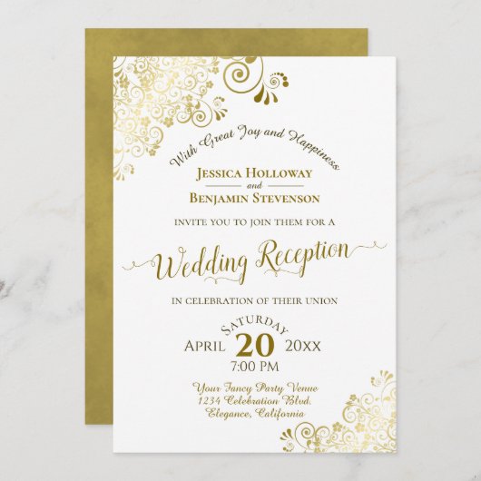 Elegantes Gold Lace & White Wedding Reception Part Einladung (Vorne/Hinten)