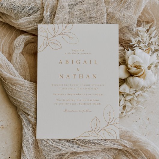 Elegantes Gold Leaf & Beige Moderne Hochzeit Einladung