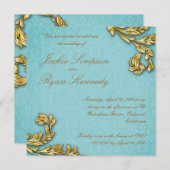 Elegantes Gold Leaf Hochzeit Einladung Blauer Himm (Vorne/Hinten)