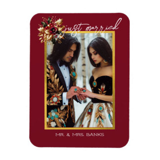 Elegantes Gold Leaf Hochzeitfoto Nur verheiratet Magnet