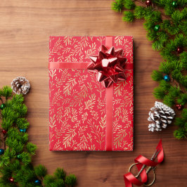 Elegantes Gold Leaf Muster Rotes Weihnachtsfest Geschenkpapier