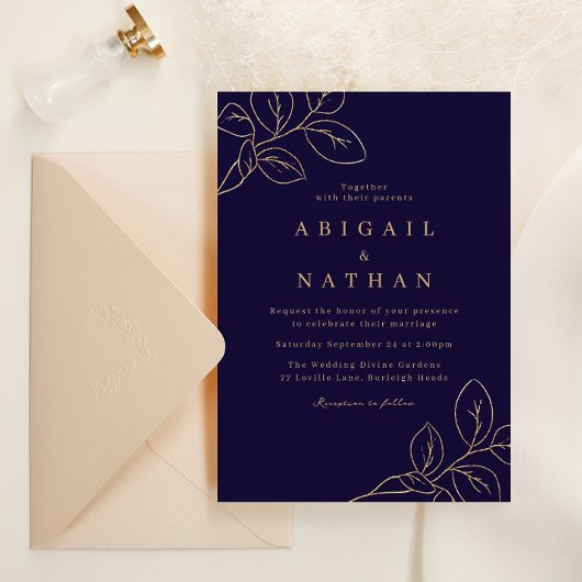 Elegantes Gold Leaf & Navy Blue Wedding Einladung