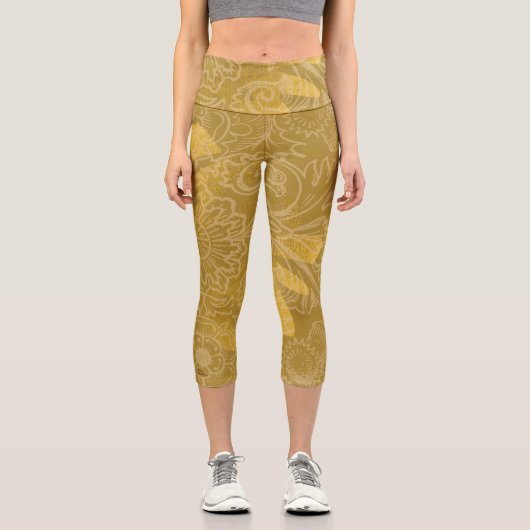 Elegantes Gold Leaf Ocher Classic Muster Capri Leggings (Vorderseite)