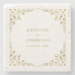 Elegantes Gold Leaf Personalisiert Hochzeit Steinuntersetzer