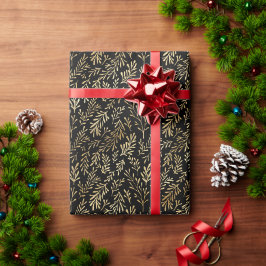 Elegantes Gold Leaf Schwarzes Muster Weihnachten Geschenkpapier