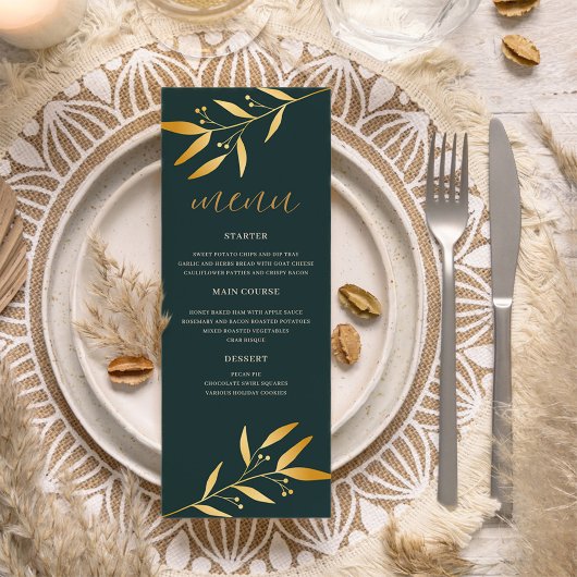 Elegantes Gold Leaf Wedding Menü Menükarte