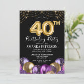 Elegantes Gold Lila Balloons 40. Geburtstag Party Einladung (Stehend Vorderseite)