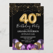Elegantes Gold Lila Balloons 40. Geburtstag Party Einladung (Vorne/Hinten)