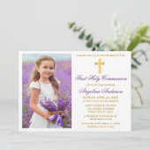 Elegantes Gold Lila Erste Kommune Foto Einladung (Stehend Vorderseite)