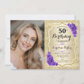 Elegantes Gold Lila Foto 50. Geburtstag Einladung (Vorderseite)