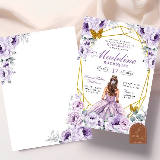Elegantes Gold Lila mexikanische Prinzessin Quince Einladung
