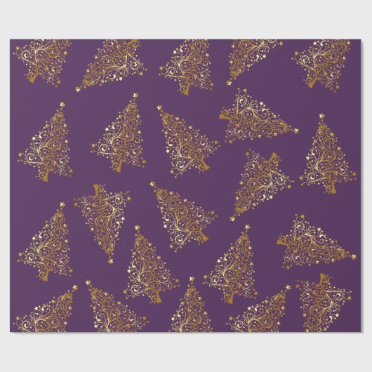 Elegantes Gold Lila Weihnachtsbaummuster Geschenkpapier (Flach)