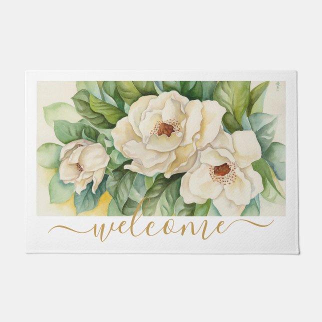 Elegantes Gold Magnolia Floral Begrüßungsschreiben Fußmatte (Vorderseite)