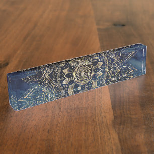 Elegantes Gold Mandala Blue Galaxy Design Namensplakette