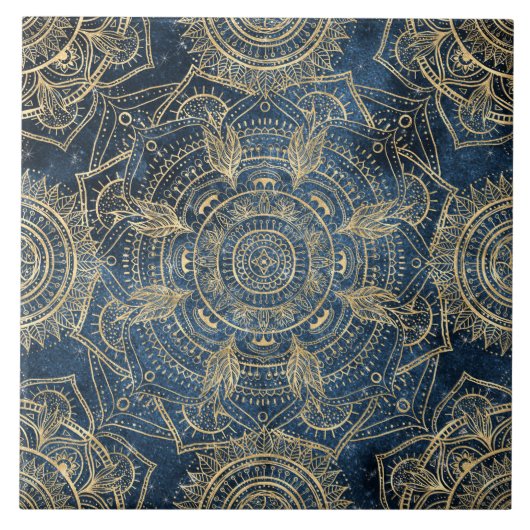 Elegantes Gold Mandala Blue Whimsy Design Fliese (Vorderseite)