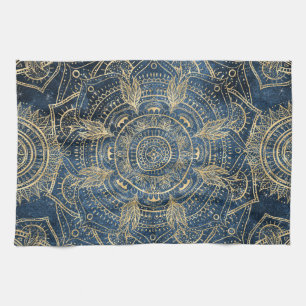 Elegantes Gold Mandala Blue Whimsy Design Geschirrtuch