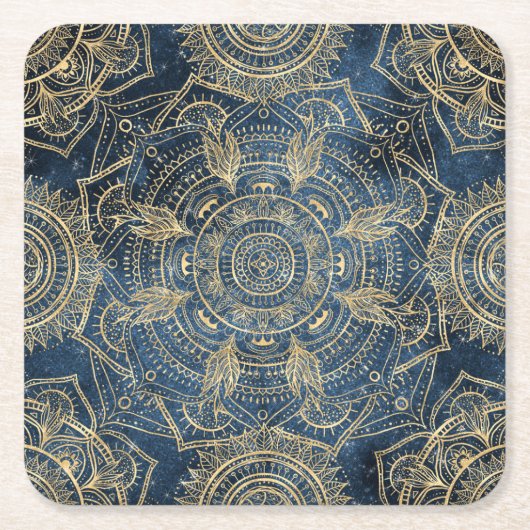 Elegantes Gold Mandala Blue Whimsy Design Rechteckiger Pappuntersetzer (Vorderseite)