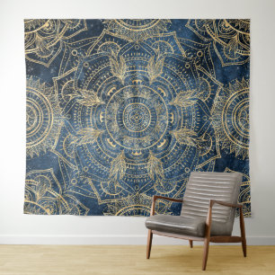 Elegantes Gold Mandala Blue Whimsy Design Wandteppich