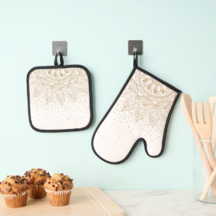 Elegantes Gold Mandala Dots Design Ofenhandschuh & Topflappen-Set
