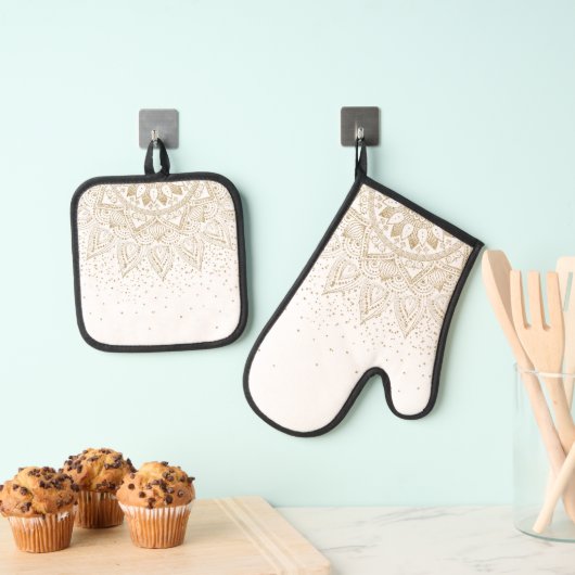 Elegantes Gold Mandala Dots Design Ofenhandschuh & Topflappen-Set (Insitu (Hängend))