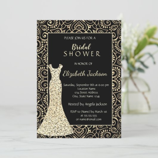 Elegantes Gold Mandala,Glitzer Dress Brautparty Einladung (Stehend Vorderseite)