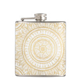 Elegantes Gold Mandala Sonnenblume Weißes Muster Flachmann (Vorderseite)