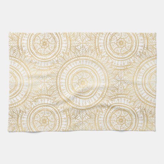 Elegantes Gold Mandala Sonnenblume Weißes Muster Geschirrtuch (Horizontal)