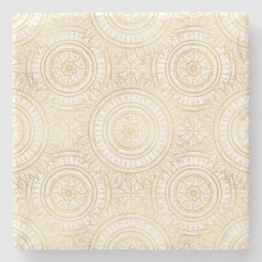 Elegantes Gold Mandala Sonnenblume Weißes Muster Steinuntersetzer (Vorderseite)