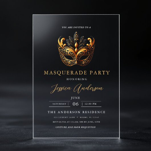 Elegantes Gold Masquerade Party Geburtstag Acryleinladungen