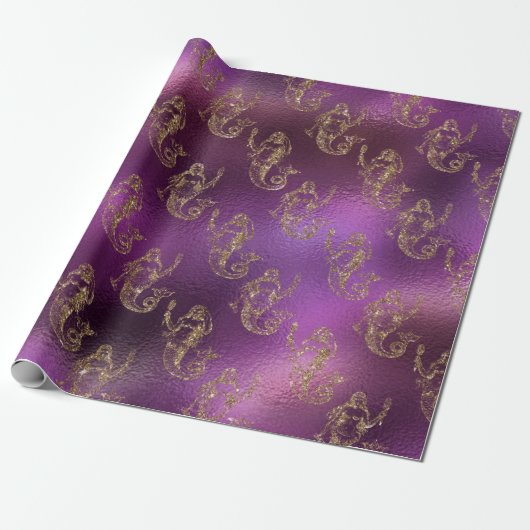 Elegantes Gold Mermaid Muster Lila Metallic Shiny Geschenkpapier (Ungerollt)